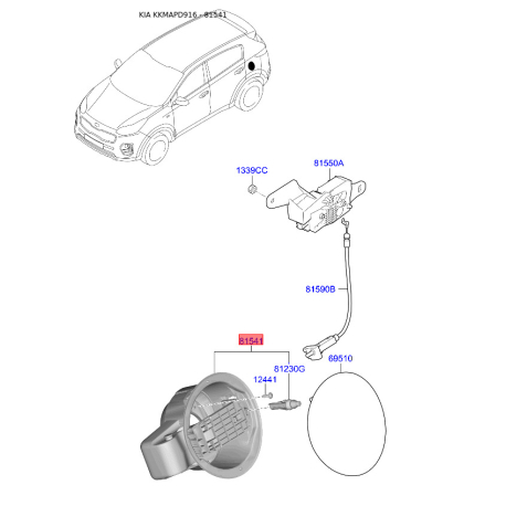 Корпус горловини під лючок бензобака 69513-D9000 Mobis - 69513D9000 - схема з каталогу 81541, KKMAPD916 69513D9000