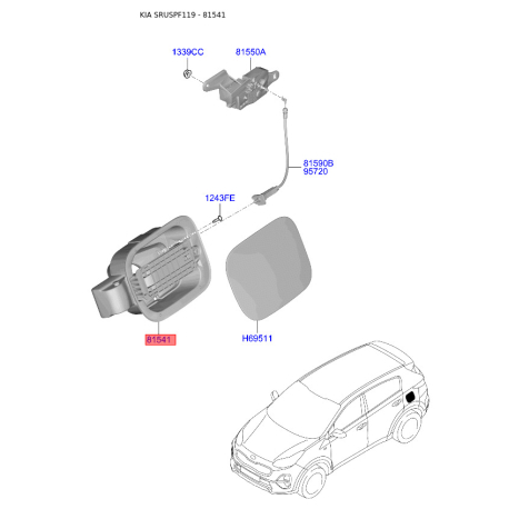 Корпус горловины под лючок бензобака 81595-F1500 Mobis - 81595F1500 - схема с каталога 81541, SRUSPF119 81595F1500
