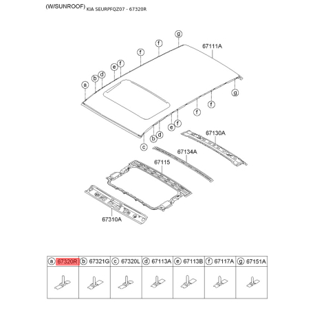 Каркас даху правий 67330-1F000 Mobis - 673301F000 - схема з каталогу 67320R, SEURPFQZ07 673301F000