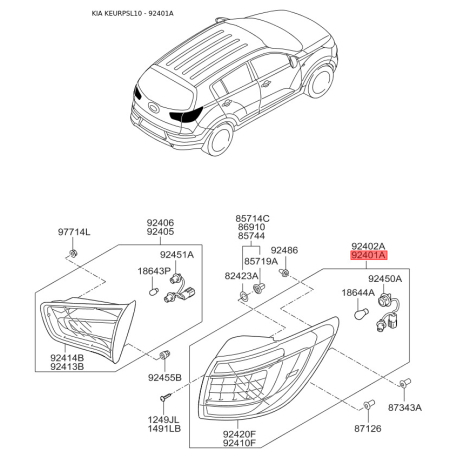 Фонарь задний левый 92401-3W010 Mobis - 924013W010 - схема с каталога 92401A, KEURPSL10 924013W010