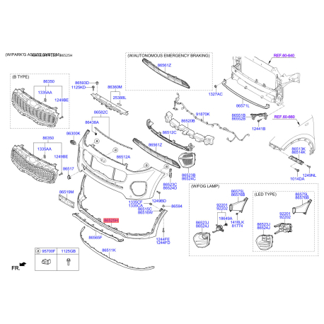 Накладка бампера нижня (губа) 86512-F1010 Mobis - 86512F1010 - схема з каталогу 86525H, SEURPF116 86512F1010