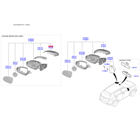 Накладка (крышка) наружного зеркала задняя левая 87613-F1100 Mobis - 87613F1100 - схема с каталога 87616, SRUSPF119 87613F1100