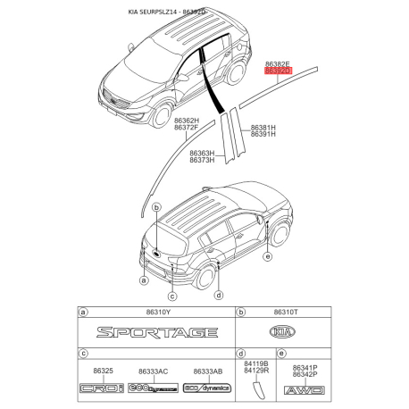 Облицовка / защитная накладка, боковина правая верхняя 86392-3W000 Mobis - 863923W000 - схема с каталога 86392D, SEURPSLZ14 863923W000