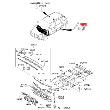 Накладка арки колеса наружная пластиковая левая 84116-1F000 Mobis - 841161F000 - схема с каталога 84116, SEURPFQZ07 841161F000