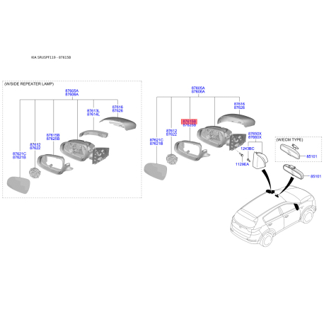 Накладка (крышка) наружного зеркала задняя левая 87615-F1010 Mobis - 87615F1010 - схема с каталога 87615B, SRUSPF119 87615F1010