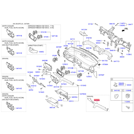 Накладка панели прибров (торпеды) правая 84784-F1AA0WK Mobis - 84784F1AA0WK - схема с каталога 84784A, SRUSPF119 84784F1AA0WK