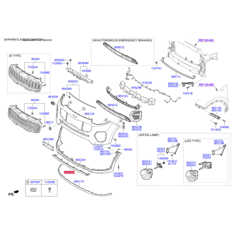Накладка бампера нижня (губа) 86565-F1000 Mobis - 86565F1000 - схема з каталогу 86565F, SEURPF116 86565F1000