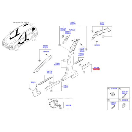 Оббивка (накладка) салону ліва 85875-F1000WK Mobis - 85875F1000WK - схема з каталогу 85875B, SRUSPF119 85875F1000WK