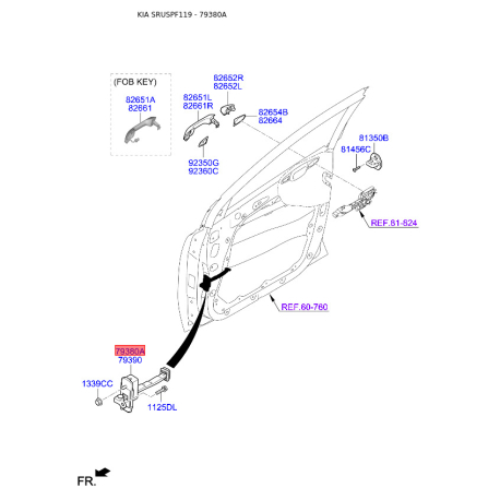 Фіксатор дверей лівий 79380-F1000 Mobis - 79380F1000 - схема з каталогу 79380A, SRUSPF119 79380F1000
