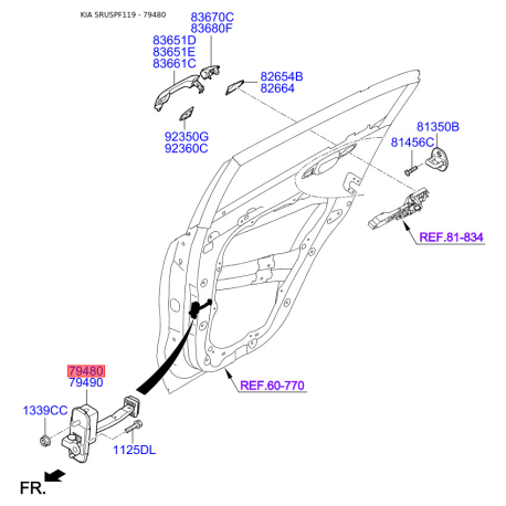 Фіксатор дверей лівий 79480-F1000 Mobis - 79480F1000 - схема з каталогу 79480, SRUSPF119 79480F1000