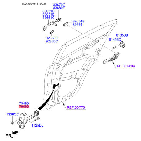 Фіксатор дверей правий 79490-F1000 Mobis - 79490F1000 - схема з каталогу 79490, SRUSPF119 79490F1000
