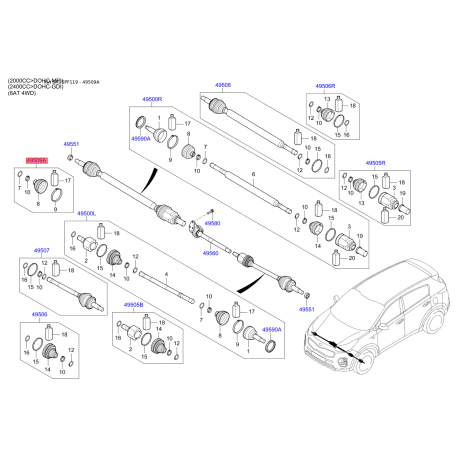 Чехол полуоси (пыльник) приводного вала 49541-D7050 Mobis - 49541D7050 - схема с каталога 49509A, SRUSPF119 49541D7050