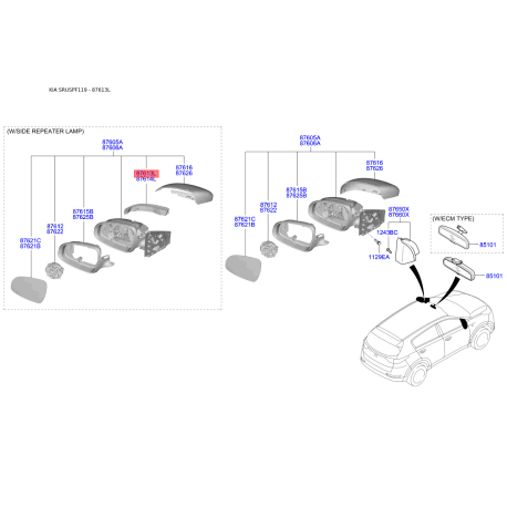 Повторитель поворотов на зеркале левый 87614-F1100 Mobis - 87614F1100 - схема с каталога 87613L, SRUSPF119 87614F1100