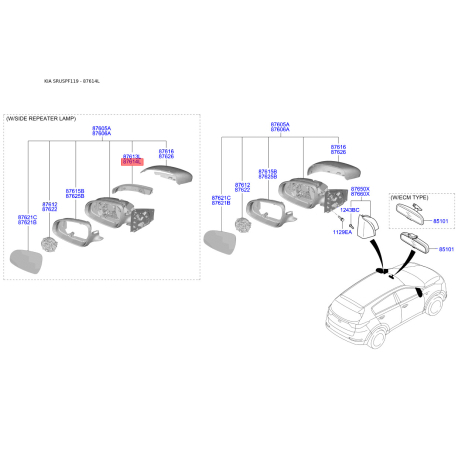 Повторитель поворотов на зеркале правый 87624-F1100 Mobis - 87624F1100 - схема с каталога 87614L, SRUSPF119 87624F1100