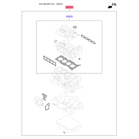 Комплект прокладок двигателя 20910-2BB03 Mobis - 209102BB03 - схема с каталога 20910, SRUSPF119 209102BB03