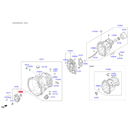Уплотняющее кольцо, ступенчатая коробка передач 43143-4A001 Mobis - 431434A001 - схема с каталога 43143, KEURPPU20 431434A001