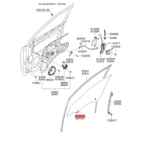 Боковое стекло правое 82420-0Z000A Mobis - 824200Z000A - схема с каталога 82420A, SEURPFQZ07 824200Z000A