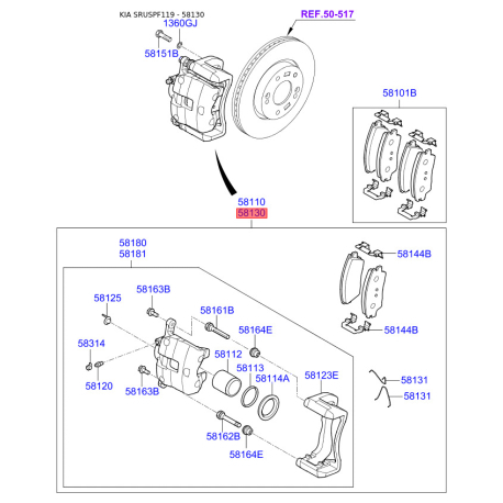 Суппорт тормозной в сборе правый 58130-D7600 Mobis - 58130D7600 - схема с каталога 58130, SRUSPF119 58130D7600