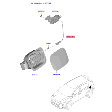 Трос, крышка бака 81590-D9500 Mobis - 81590D9500 - схема с каталога 81590B, KKMAPD919 81590D9500
