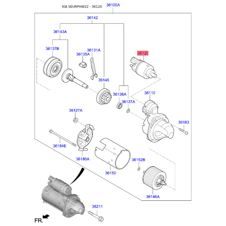 Тягове реле, стартер 36120-2U100 Mobis - 361202U100 - схема з каталогу 36120, SEURPHW22 361202U100
