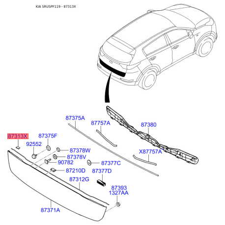Крепление обшивки багажника 87313-F1000 Mobis - 87313F1000 - схема с каталога 87313X, SRUSPF119 87313F1000