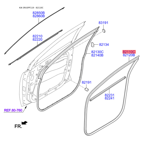 Ущільнення дверей ліве 82110-F1000 Mobis - 82110F1000 - схема з каталогу 82110C, SRUSPF119 82110F1000