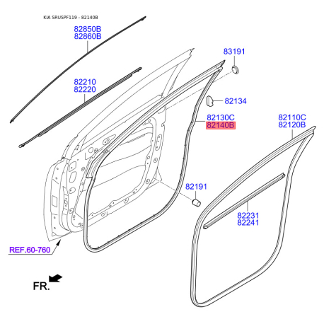 Ущільнення дверей праве 82140-F1000 Mobis - 82140F1000 - схема з каталогу 82140B, SRUSPF119 82140F1000