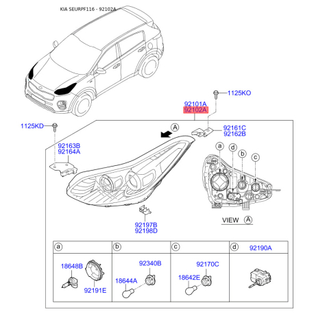 Фара основна права 92102-F1100 Mobis - 92102F1100 - схема з каталогу 92102A, SEURPF116 92102F1100