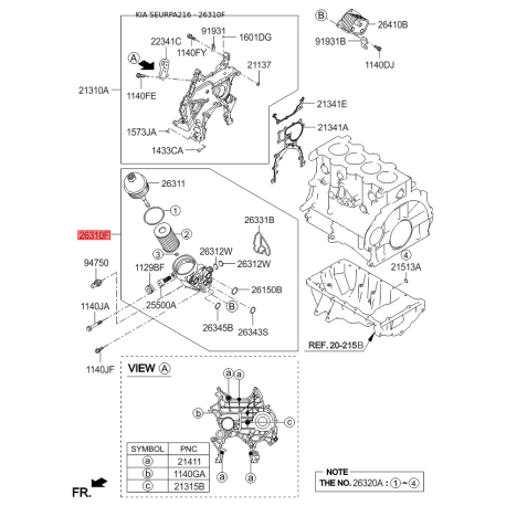 Фільтр масляний S2631-02A520 Mobis - S263102A520 - схема з каталогу 26310F, SEURPA216 S263102A520