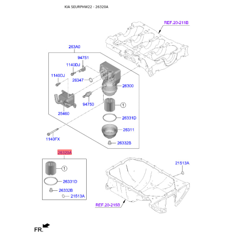 Фильтр масляный S2632-02U000 Mobis - S263202U000 - схема с каталога 26320A, SEURPHW22 S263202U000