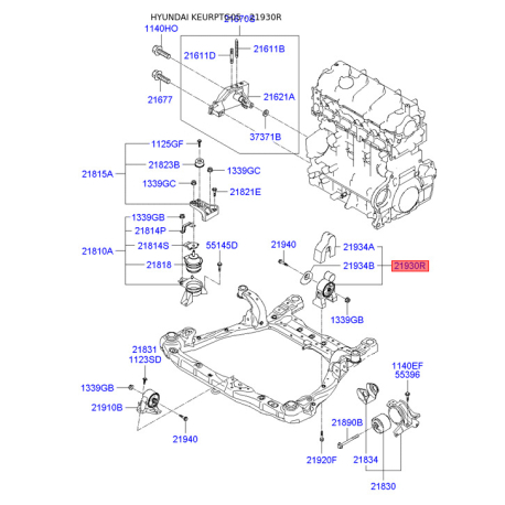 Подушка двигателя задняя 21930-3L300 Mobis - 219303L300 - схема с каталога 21930R, KEURPTG05 219303L300