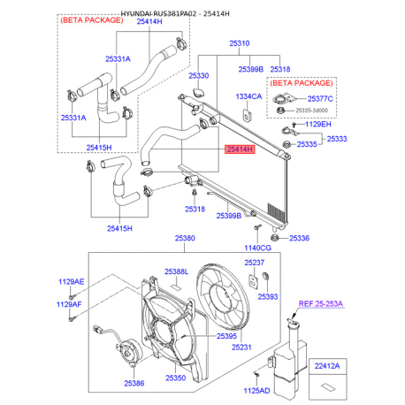 Шланг (патрубок) системы охлаждения верхний 25414-3D710 Mobis - 254143D710 - схема с каталога 25414H, RUS381PA02 254143D710