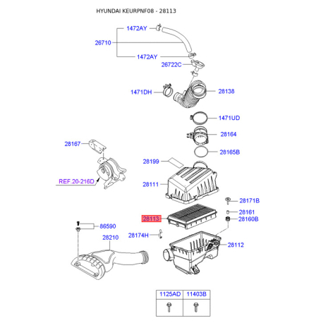 Фільтр повітряний 28113-3K100 Mobis - 281133K100 - схема з каталогу 28113, KEURPNF08 281133K100