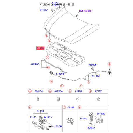 Шумоизоляция (теплоизоляция) капота 81125-3S000 Mobis - 811253S000 - схема с каталога 81125, KHMAPGFE11 811253S000