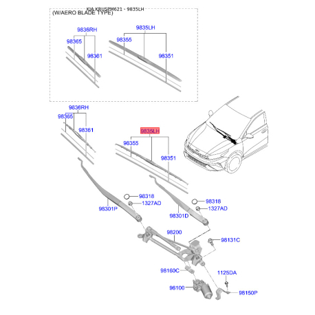 Щітка склоочисника 98350-L1500 Mobis - 98350L1500 - схема з каталогу 9835LH, KRUSPM621 98350L1500
