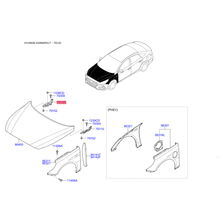 Петля капота правая 79120-C1000 Mobis - 79120C1000 - схема с каталога 79120, KHMAPE617 79120C1000
