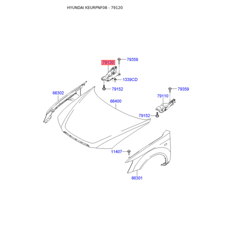 Петля капота правая 79120-3K000 Mobis - 791203K000 - схема с каталога 79120, KEURPNF08 791203K000
