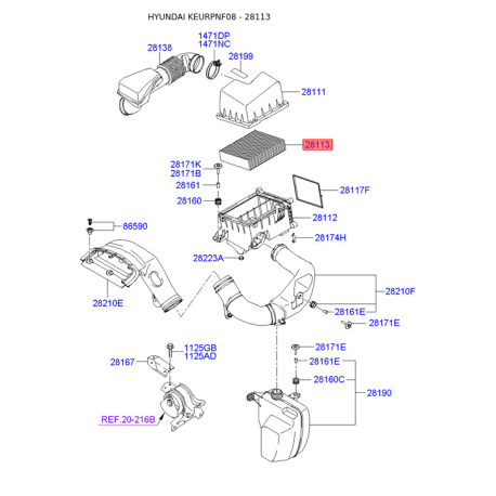 Фільтр повітряний 28113-3K010 Mobis - 281133K010 - схема з каталогу 28113, KEURPNF08 281133K010