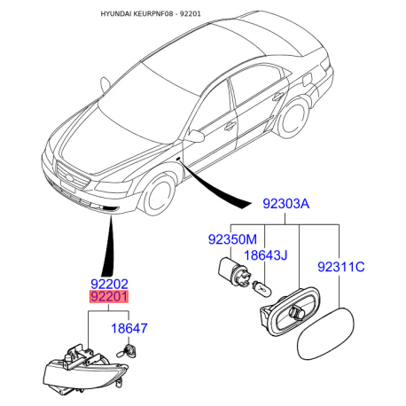 Фара противотуманная левая 92201-3K500 Mobis - 922013K500 - схема с каталога 92201, KEURPNF08 922013K500
