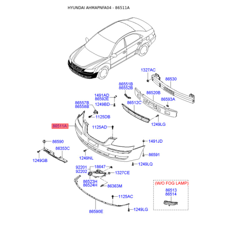 Бампер 86511-3K001 Mobis - 865113K001 - схема с каталога 86511A, AHMAPNFA04 865113K001