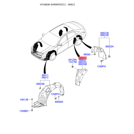 Обшивка (подкрылок), колесная ниша левая 86823-3S500 Mobis - 868233S500 - схема с каталога 86821, KHMAPGFE11 868233S500