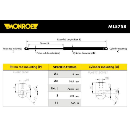 Газовая пружина, капот Monroe - MN ML5758 - изображение №1 MN ML5758