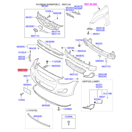 Бампер 86511-1R000 Mobis - 865111R000 - схема с каталога 86511A, KHMAPSB11 865111R000