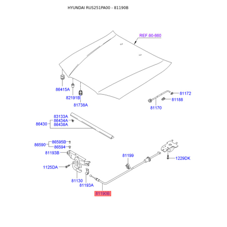 Тросик замка капота 81190-25000 Mobis - 8119025000 - схема с каталога 81190B, RUS251PA00 8119025000