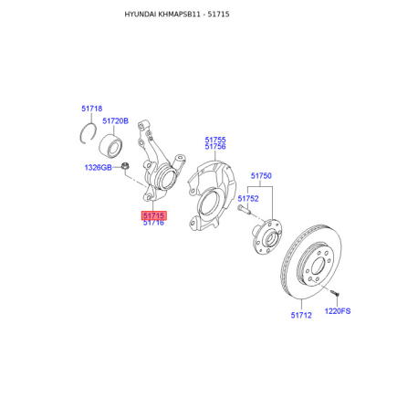 Поворотный кулак, подвеска колеса левый 51715-1R500 Mobis - 517151R500 - схема с каталога 51715, KHMAPSB11 517151R500