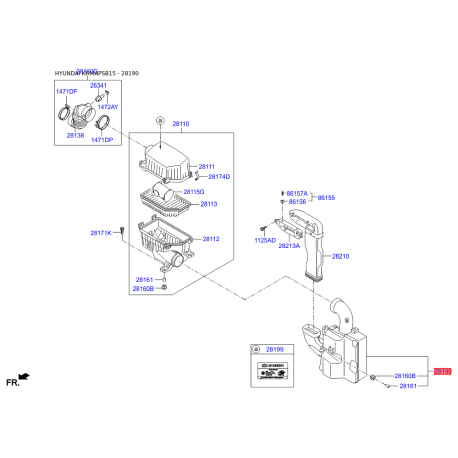 Резонатор системы впуска 28190-1R000 Mobis - 281901R000 - схема с каталога 28190, KHMAPSB15 281901R000