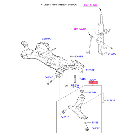 Важіль підвіски колеса правий нижній 54501-1R000 Mobis - 545011R000 - схема з каталогу 54501A, KHMAPSB15 545011R000