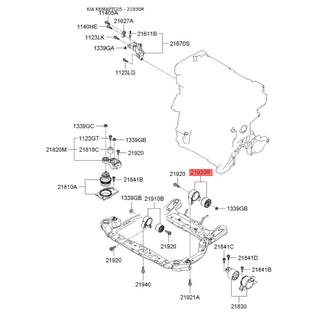Подушка двигателя задняя 21930-1G000 Mobis - 219301G000 - схема с каталога 21930R, KKMAPTC05 219301G000