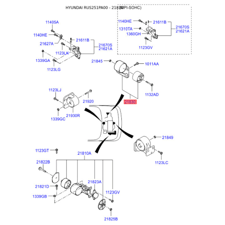 Подушка двигуна 21830-25010 Mobis - 2183025010 - схема з каталогу 21830, RUS251PA00 2183025010
