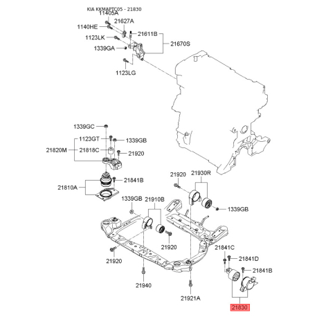 Подушка двигателя 21830-1G000 Mobis - 218301G000 - схема с каталога 21830, KKMAPTC05 218301G000